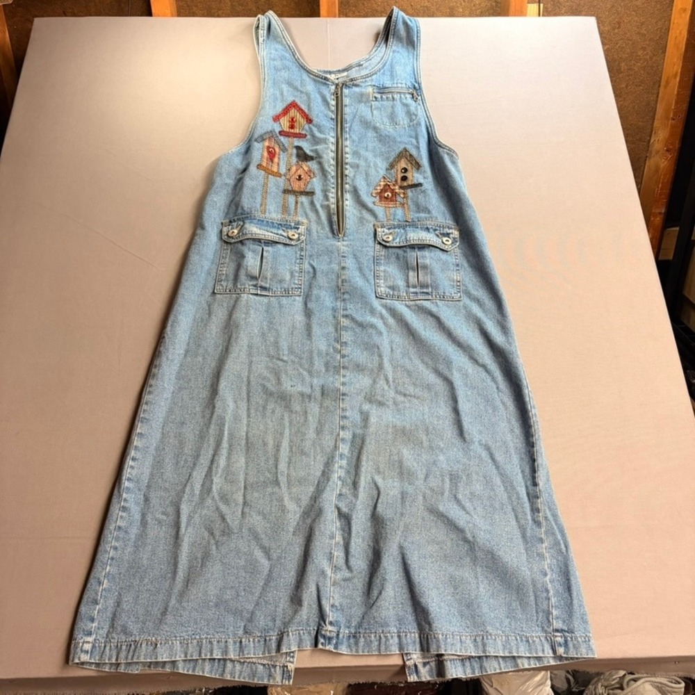 J.L.N.Y. Women XL Denim Jumper Dress Birdhouse Embroidery Light Wash Cotton Midi